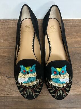 Rara Avis by Iris Apfel Black Sequin Owl Embroidered Flats size 10w